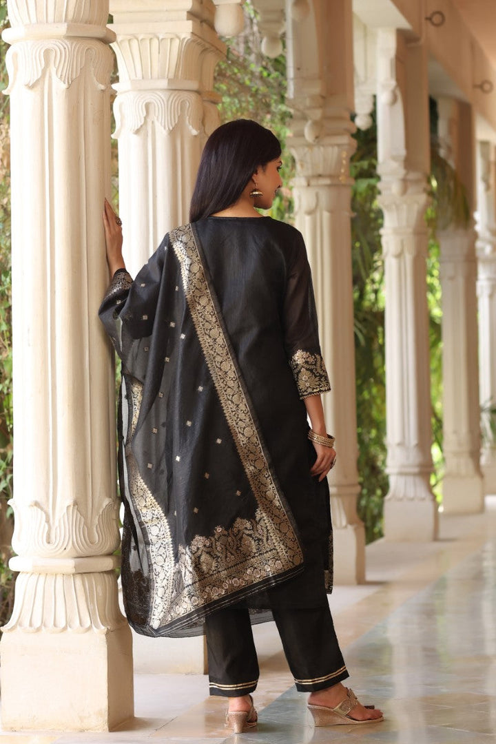 Black Poly Chanderi Ethnic Motifs Straight Suit Set  | SHOBITAM