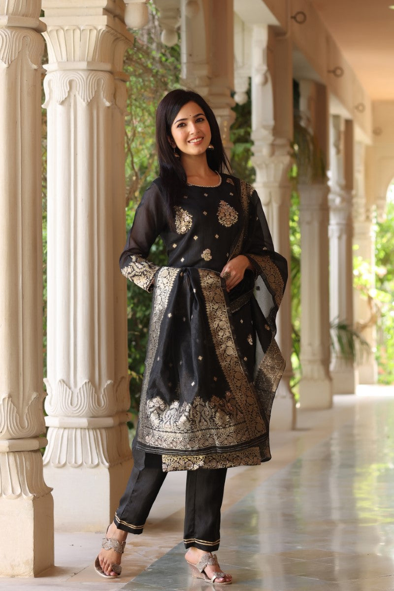 Black Poly Chanderi Ethnic Motifs Straight Suit Set  | SHOBITAM