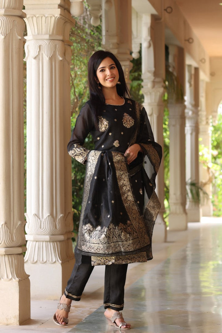 Black Poly Chanderi Ethnic Motifs Straight Suit Set  | SHOBITAM