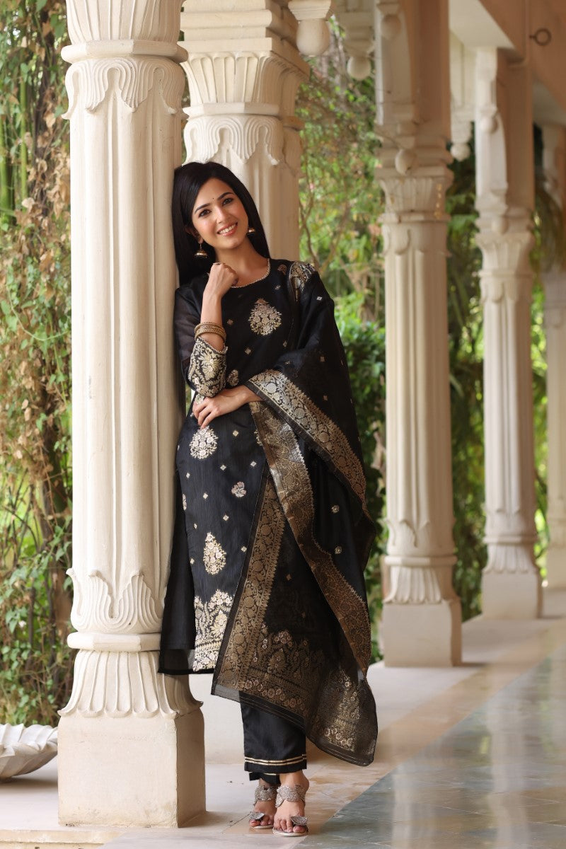 Black Poly Chanderi Ethnic Motifs Straight Suit Set  | SHOBITAM