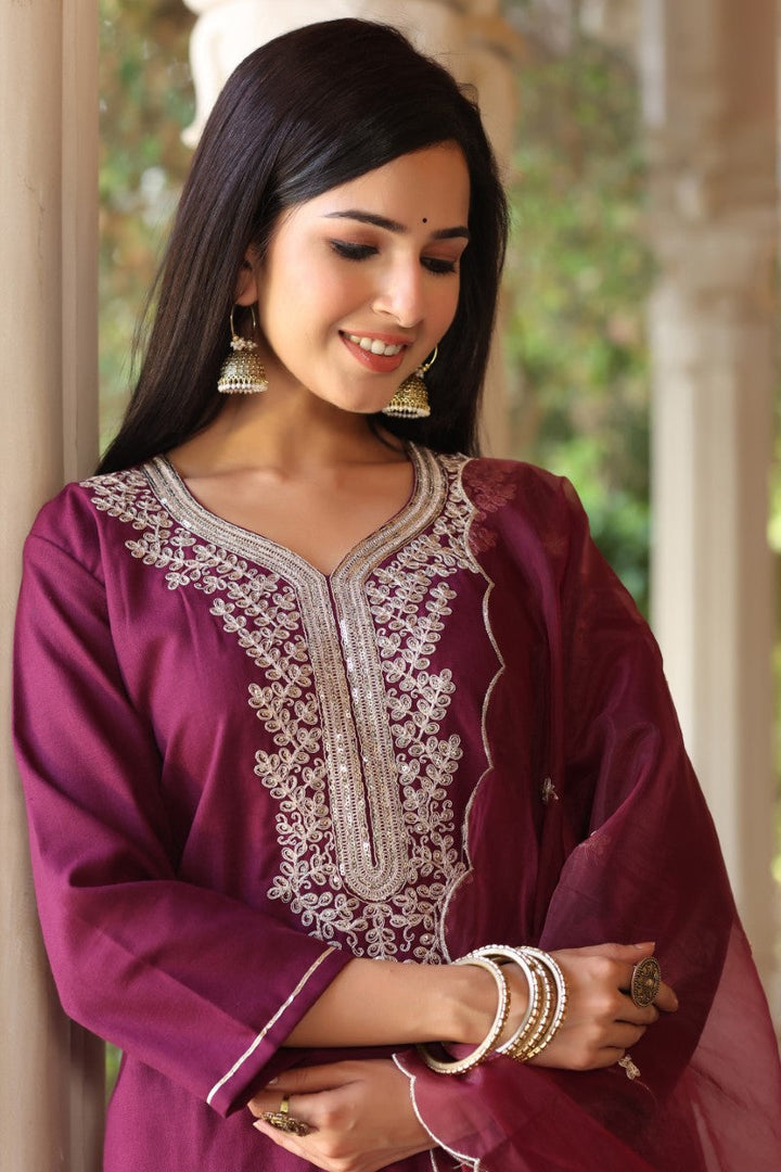 Wine Poly Silk Solid Embroidered Straight Suit Set | SHOBITAM