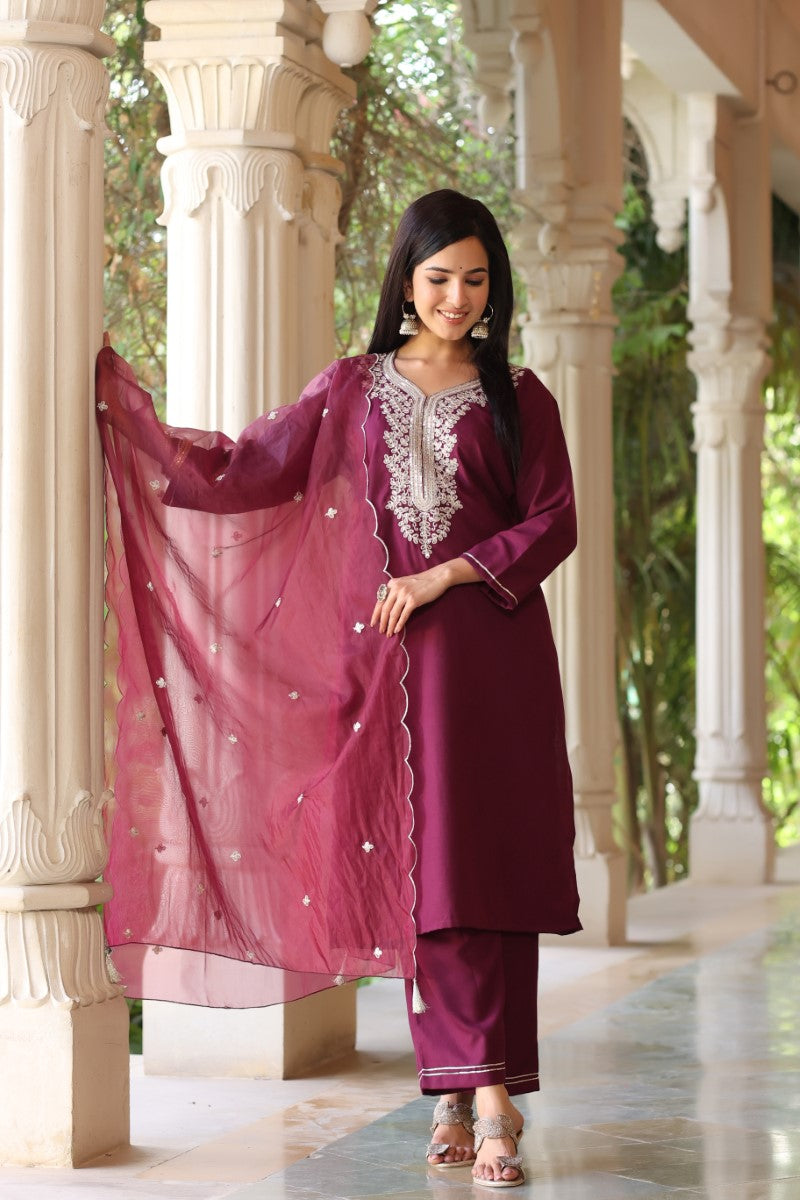 Wine Poly Silk Solid Embroidered Straight Suit Set | SHOBITAM