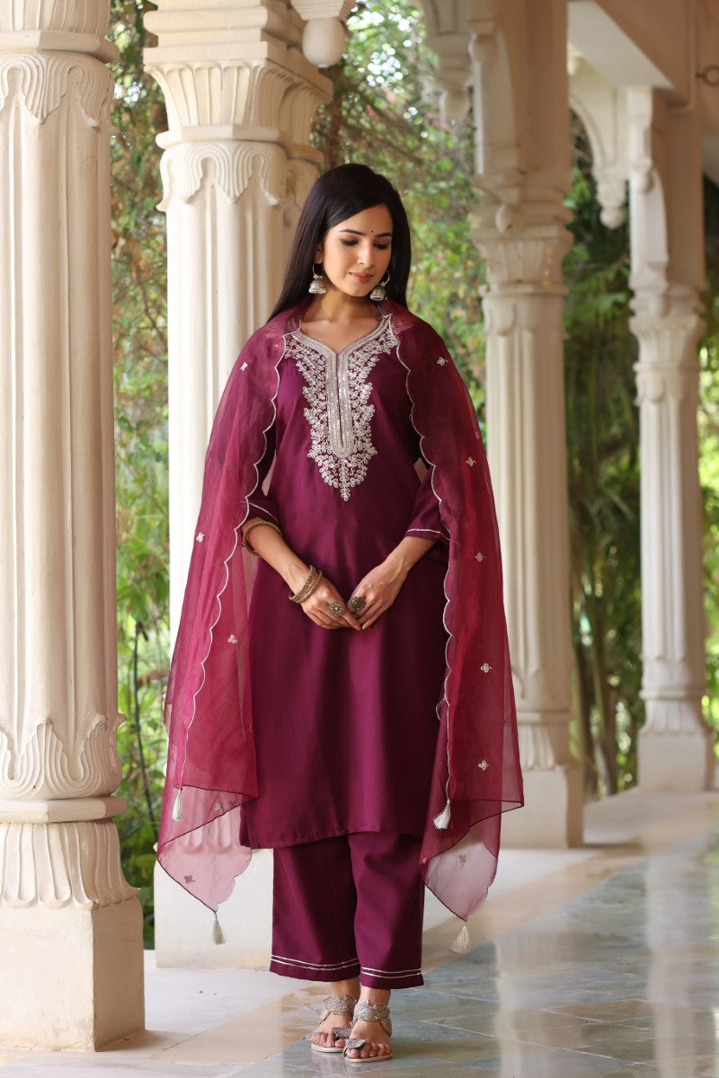 Wine Poly Silk Solid Embroidered Straight Suit Set | SHOBITAM