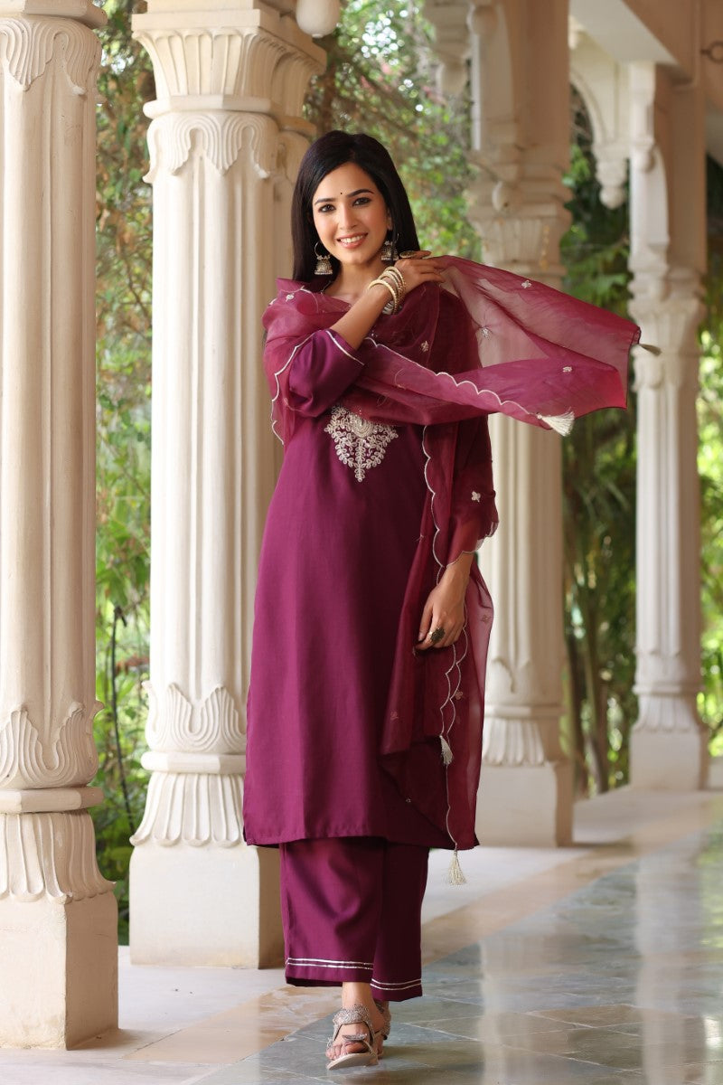 Wine Poly Silk Solid Embroidered Straight Suit Set | SHOBITAM