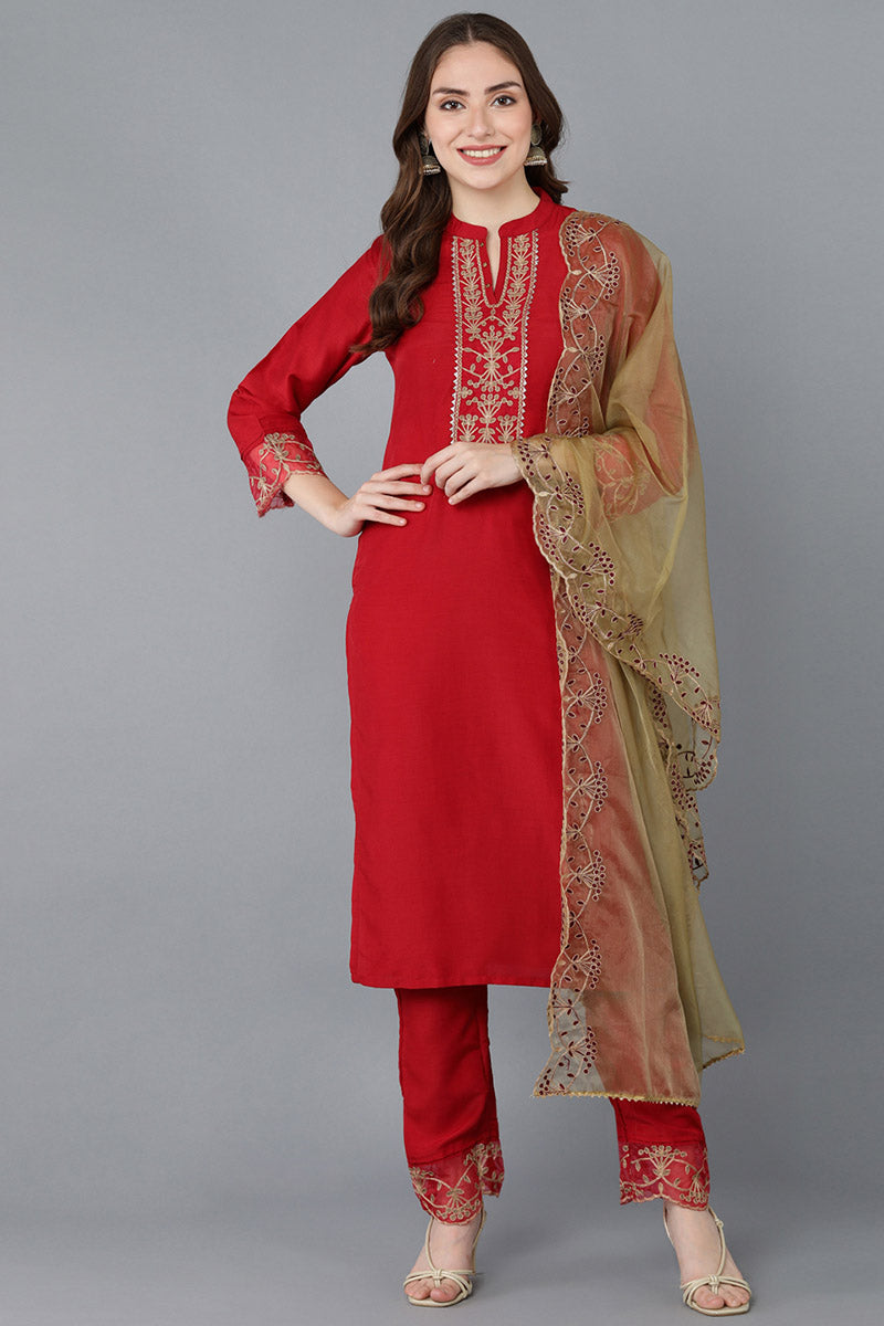 Red Poly Silk Solid Embroidered Straight Suit Set   | SHOBITAM