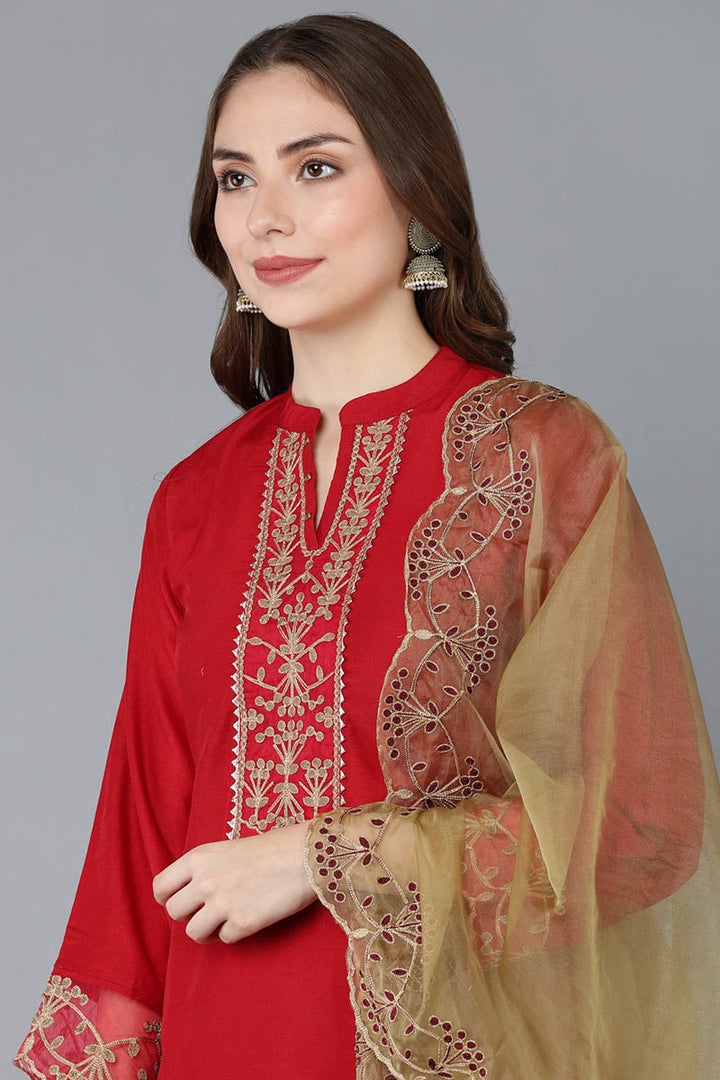 Red Poly Silk Solid Embroidered Straight Suit Set   | SHOBITAM