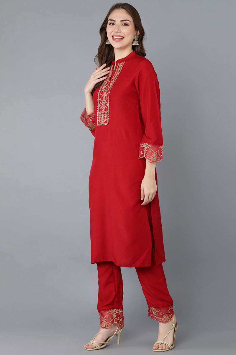 Red Poly Silk Solid Embroidered Straight Suit Set   | SHOBITAM