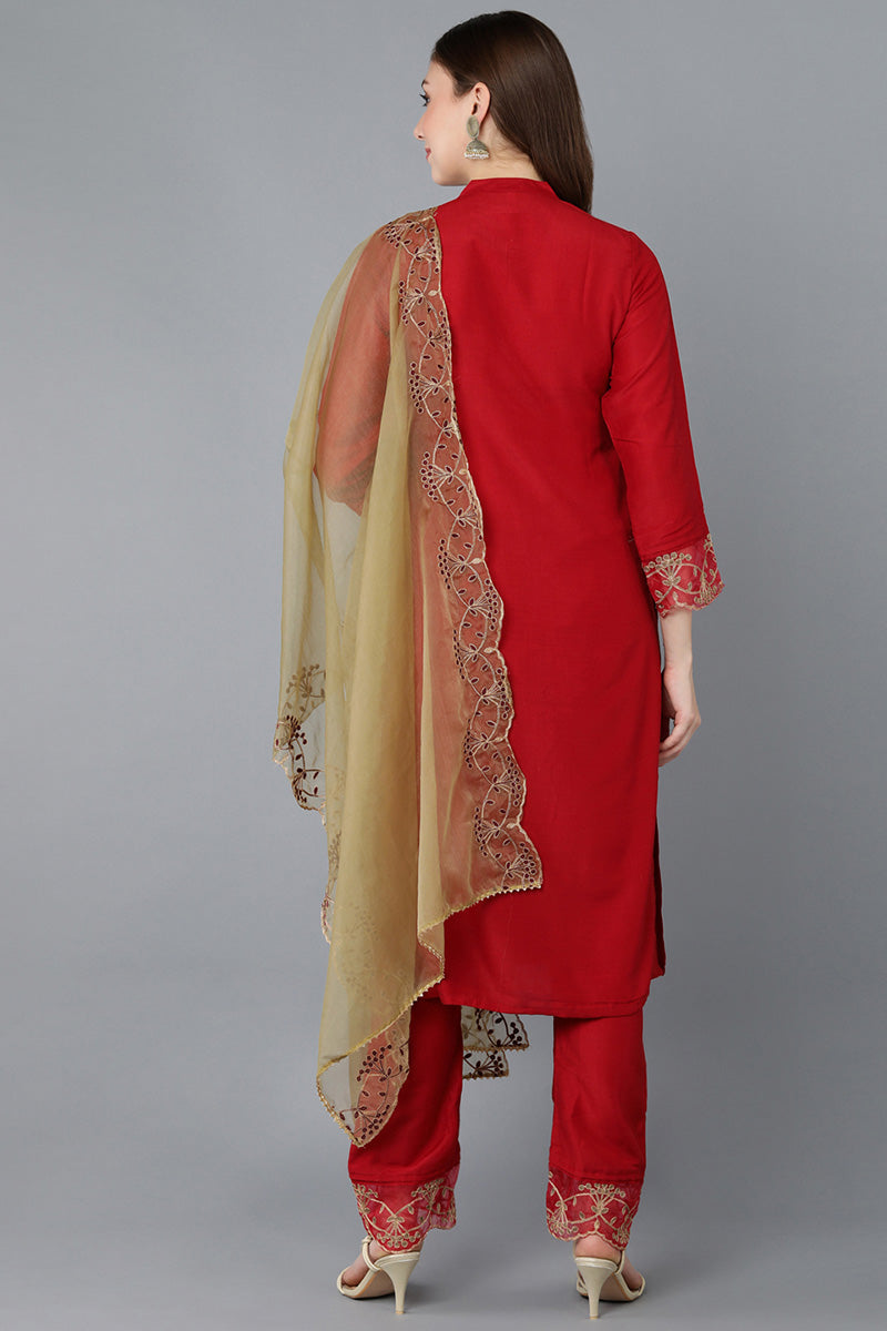 Red Poly Silk Solid Embroidered Straight Suit Set   | SHOBITAM