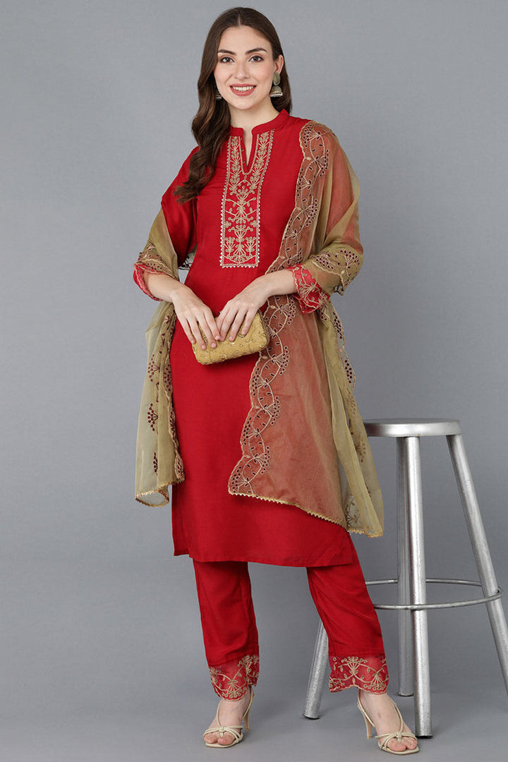 Red Poly Silk Solid Embroidered Straight Suit Set   | SHOBITAM