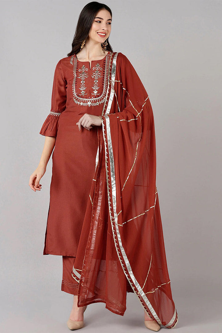 Rust Polyester Gotta Patti Straight Suit Set  | SHOBITAM