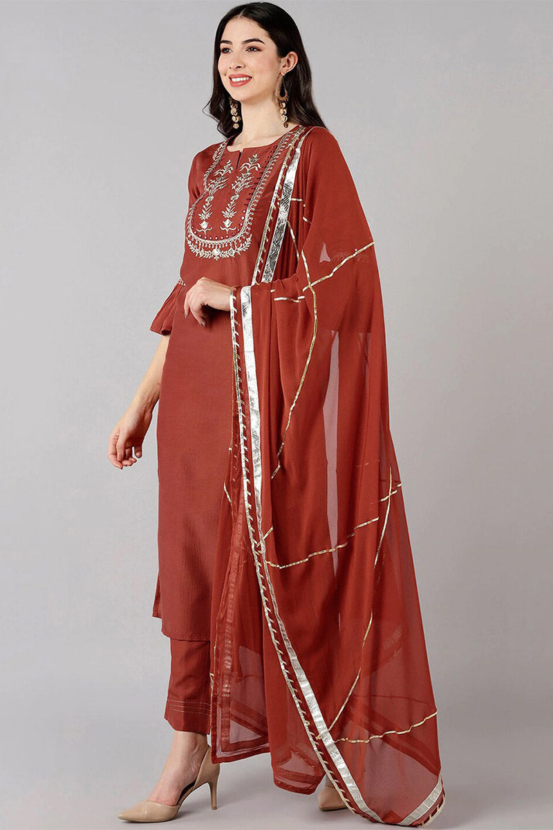 Rust Polyester Gotta Patti Straight Suit Set  | SHOBITAM