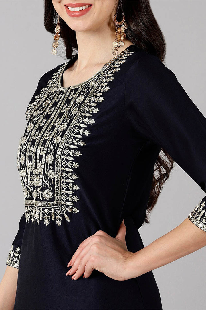 Navy Blue Polyester Straight Kurta Pant With Dupatta | SHOBITAM