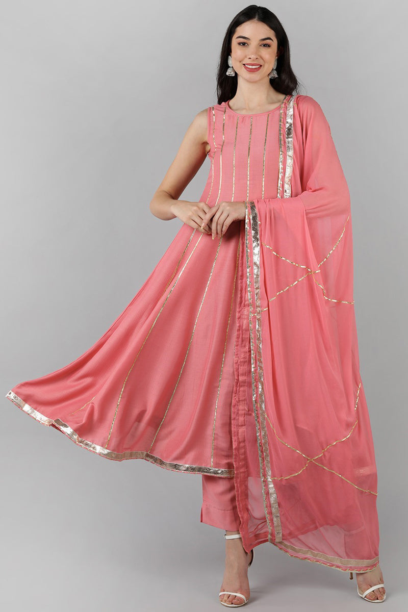 Pink Poly Silk Gotta Patti Anarkali Suit Set   | SHOBITAM