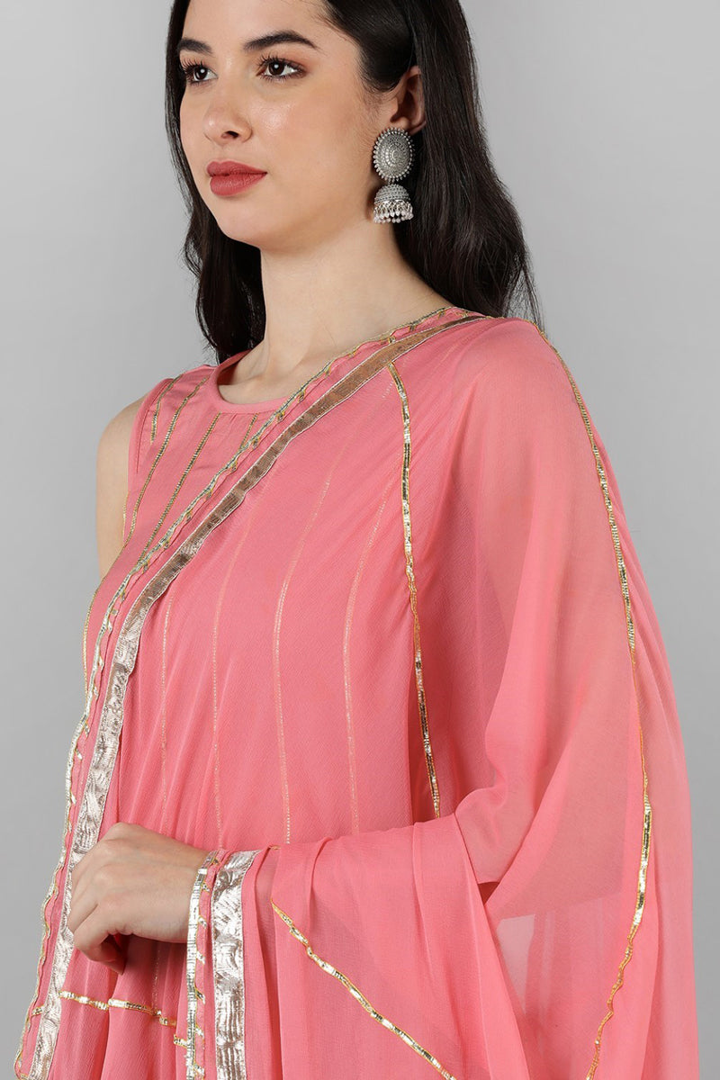 Pink Poly Silk Gotta Patti Anarkali Suit Set   | SHOBITAM