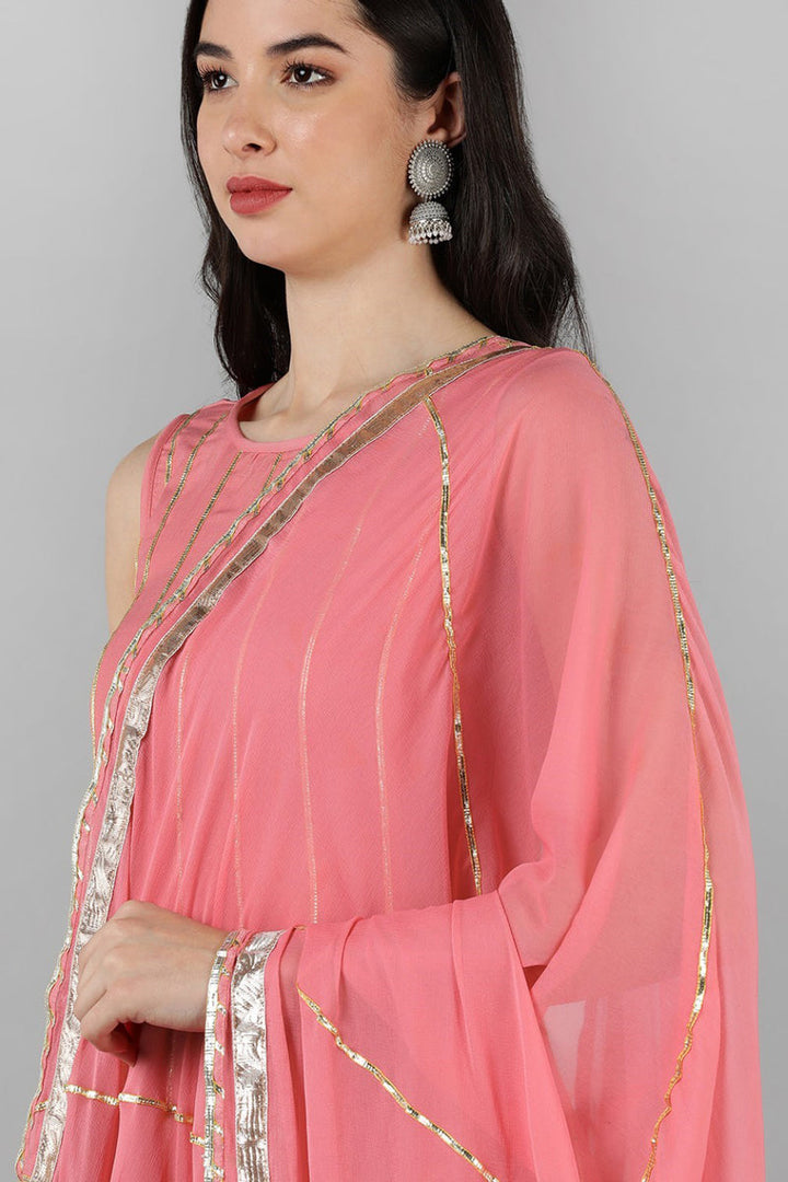 Pink Poly Silk Gotta Patti Anarkali Suit Set   | SHOBITAM