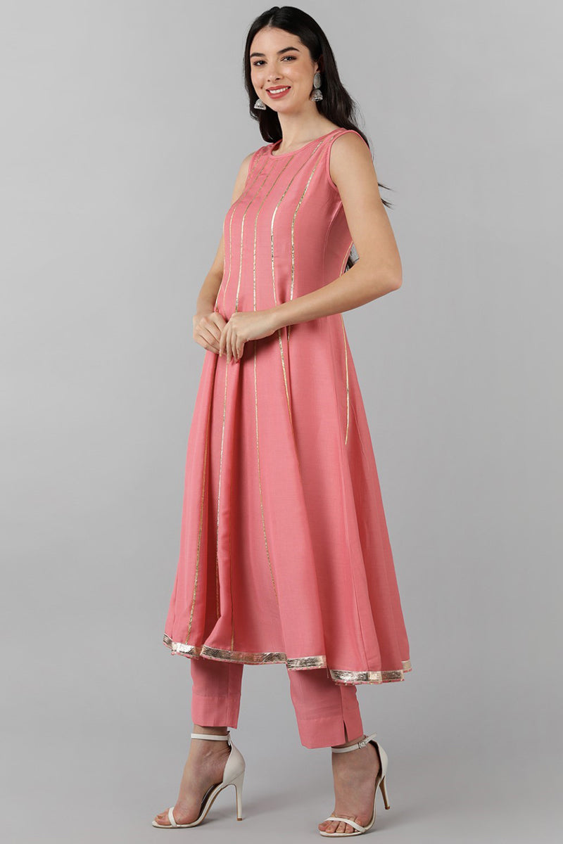Pink Poly Silk Gotta Patti Anarkali Suit Set   | SHOBITAM