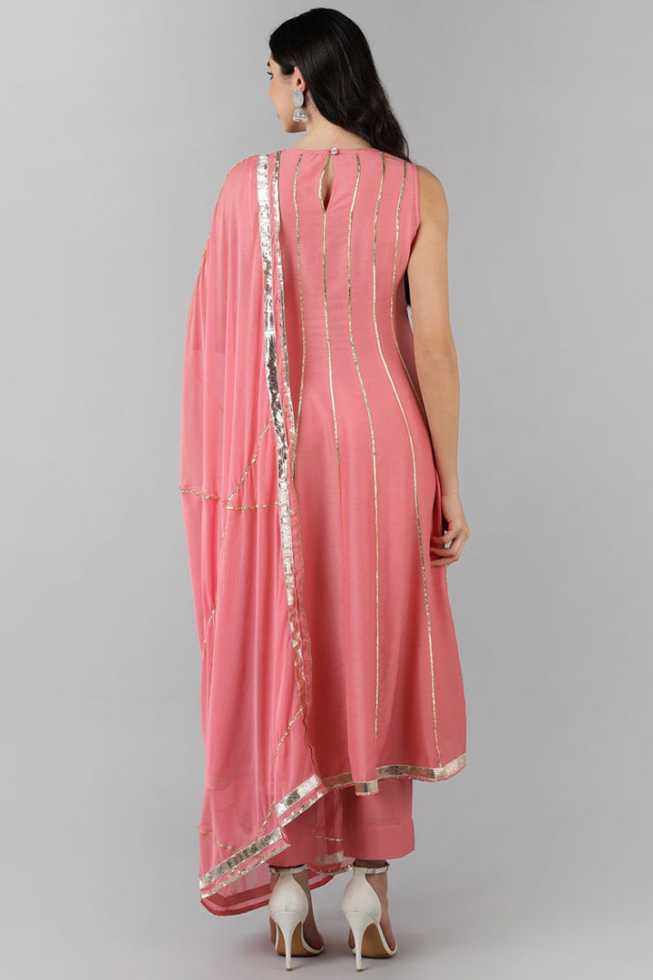 Pink Poly Silk Gotta Patti Anarkali Suit Set   | SHOBITAM