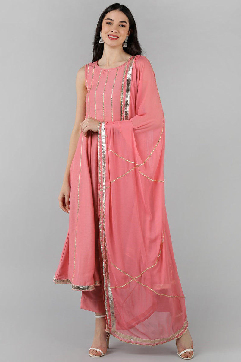 Pink Poly Silk Gotta Patti Anarkali Suit Set   | SHOBITAM