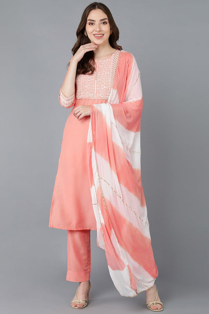 Peach Poly Silk Embroidered Straight Suit Set | SHOBITAM
