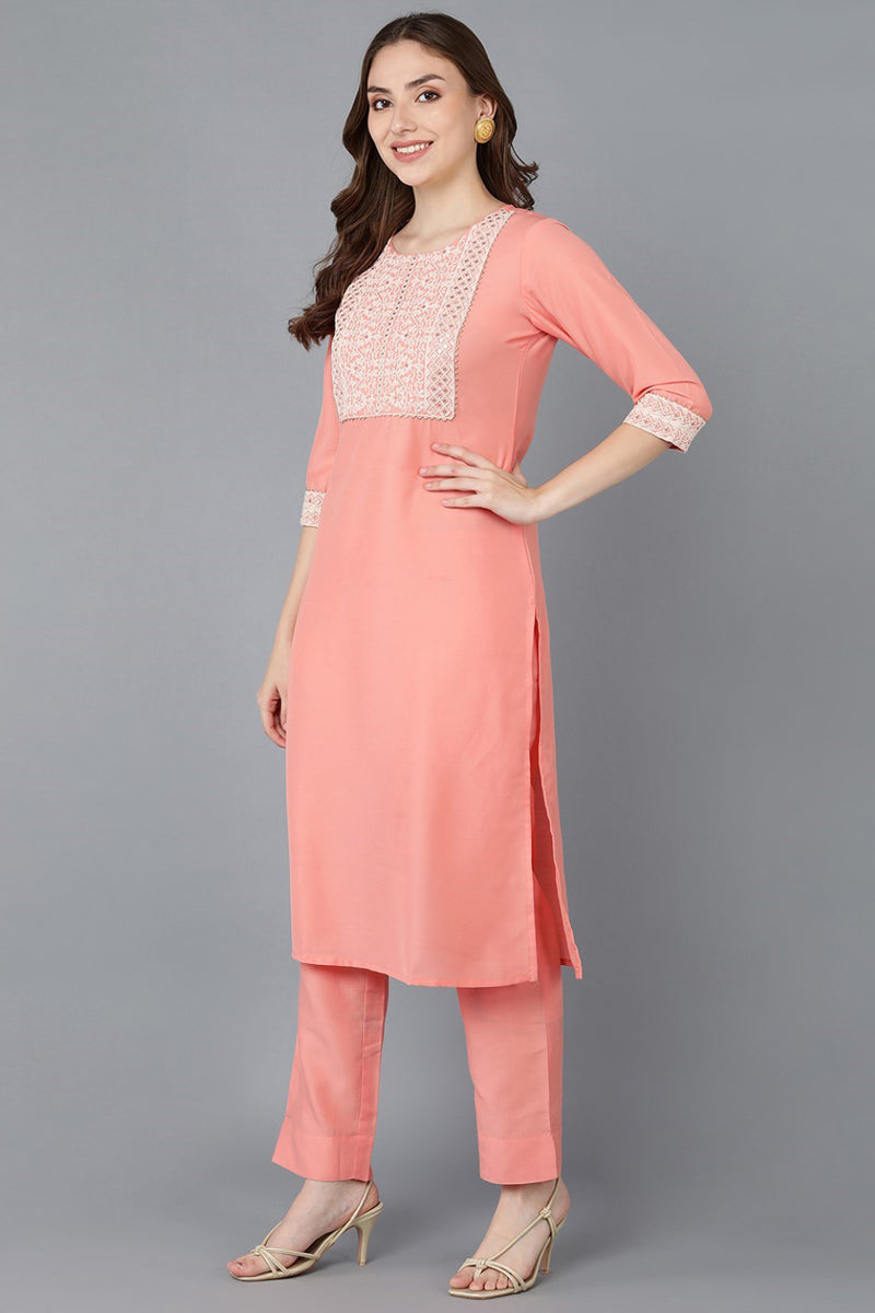 Peach Poly Silk Embroidered Straight Suit Set | SHOBITAM