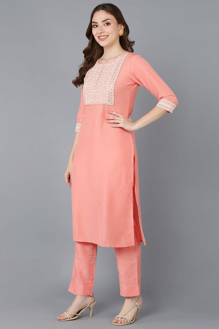 Peach Poly Silk Embroidered Straight Suit Set | SHOBITAM