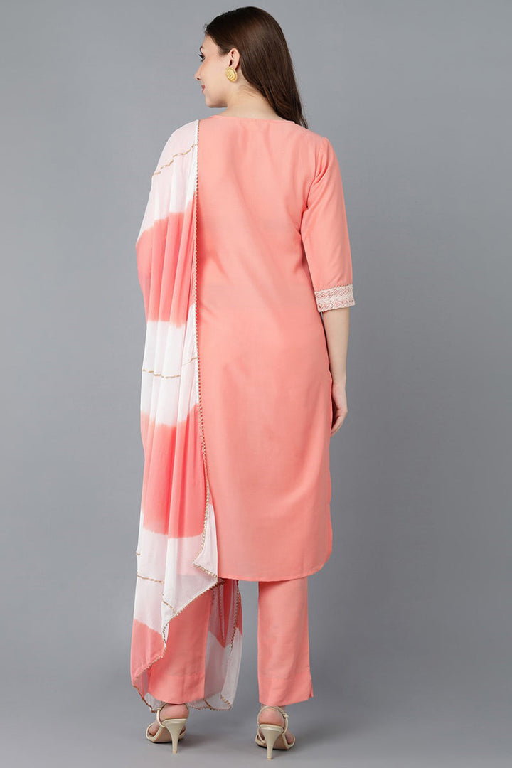 Peach Poly Silk Embroidered Straight Suit Set | SHOBITAM