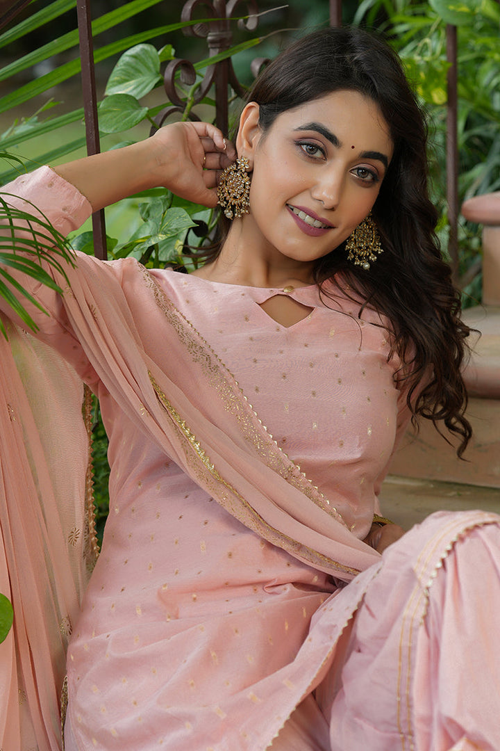 Pink Poly Chanderi Straight Sharara Suit Set  | SHOBITAM