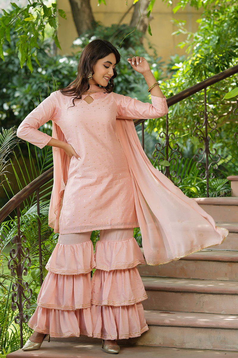 Pink Poly Chanderi Straight Sharara Suit Set  | SHOBITAM