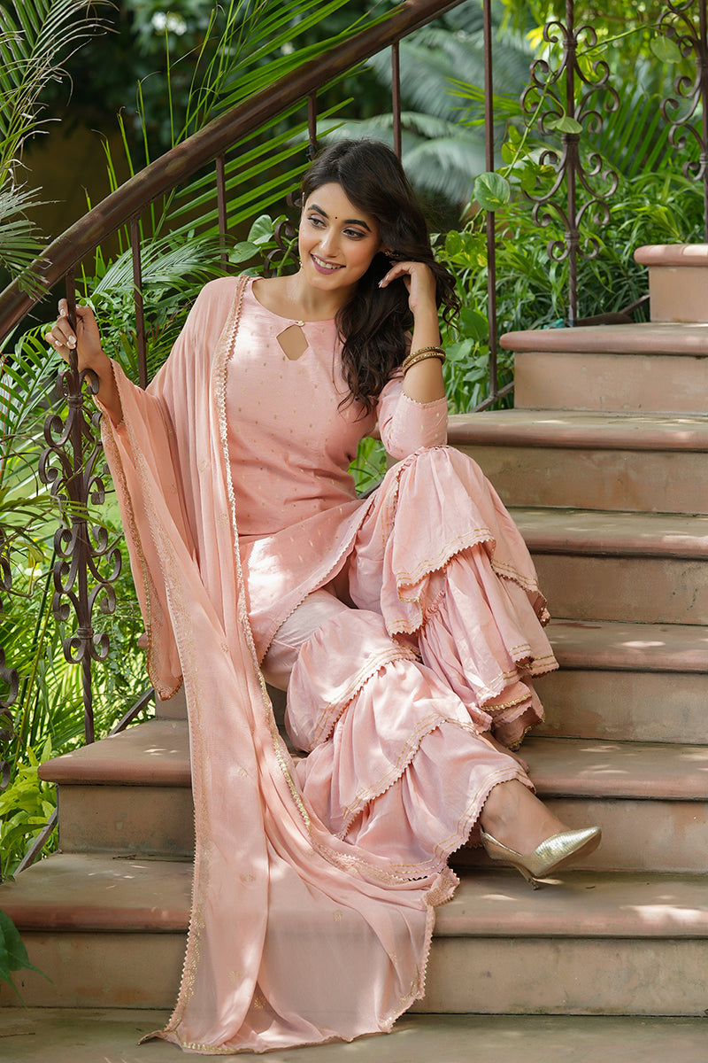 Pink Poly Chanderi Straight Sharara Suit Set  | SHOBITAM