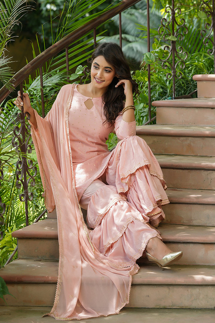 Pink Poly Chanderi Straight Sharara Suit Set  | SHOBITAM