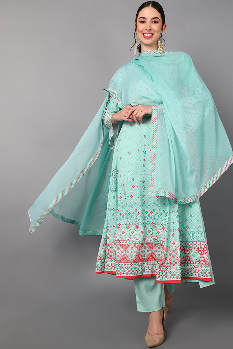 Sea Green Poly Crepe Abstract Print Anarkali Suit Set  | SHOBITAM