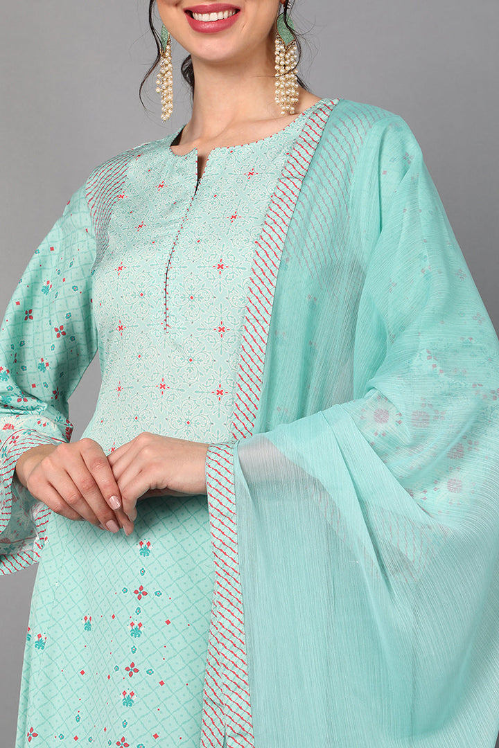 Sea Green Poly Crepe Abstract Print Anarkali Suit Set  | SHOBITAM