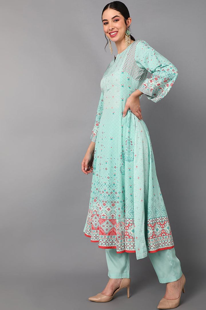 Sea Green Poly Crepe Abstract Print Anarkali Suit Set  | SHOBITAM