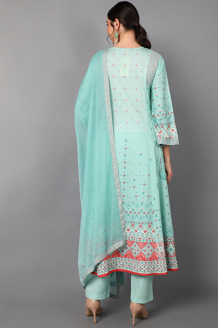 Sea Green Poly Crepe Abstract Print Anarkali Suit Set  | SHOBITAM