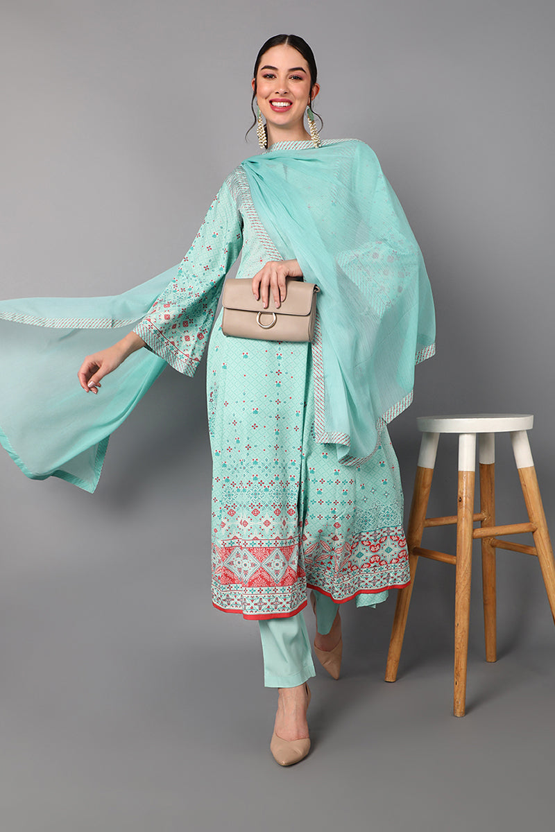 Sea Green Poly Crepe Abstract Print Anarkali Suit Set  | SHOBITAM