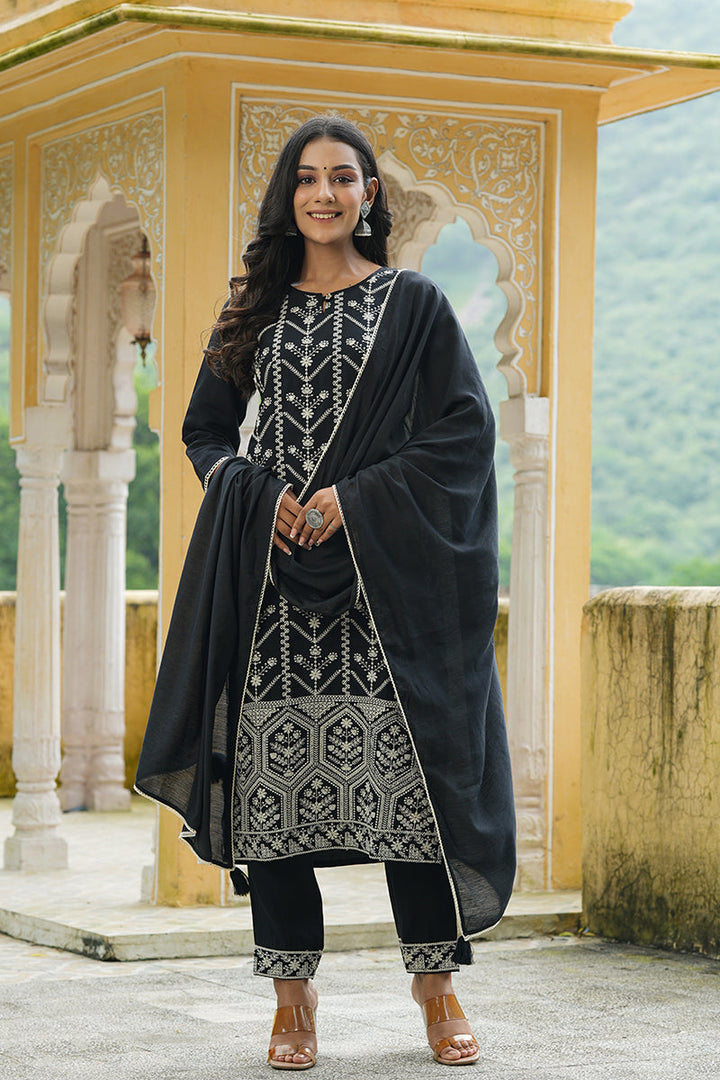 Black Poly Silk Thread Embroidered Suit Set | SHOBITAM