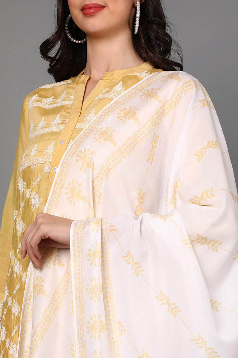 Yellow Poly Silk Ethnic Motifs Straight Suit Set  | SHOBITAM