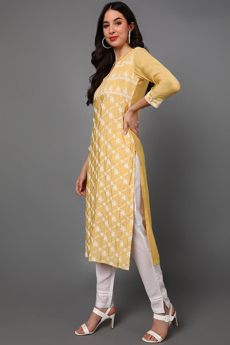 Yellow Poly Silk Ethnic Motifs Straight Suit Set  | SHOBITAM