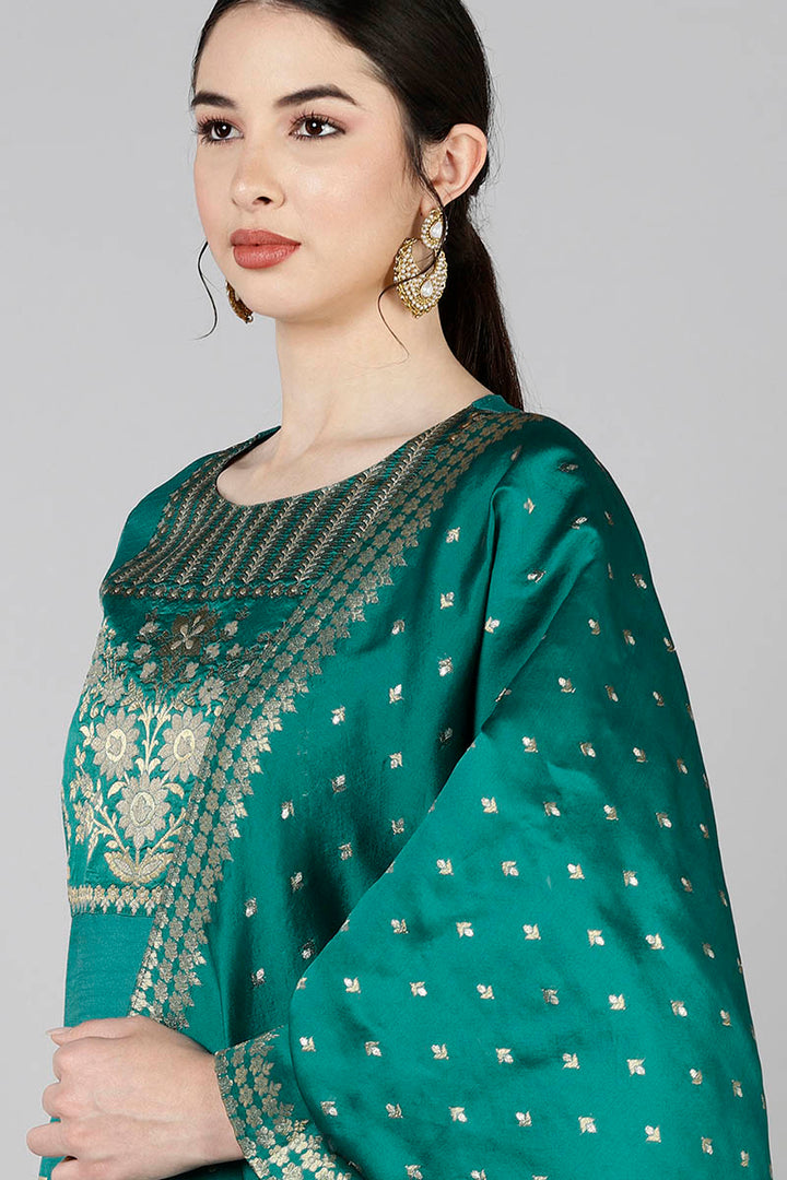 Teal Poly Silk Yoke Design Straight Suit Set | SHOBITAM