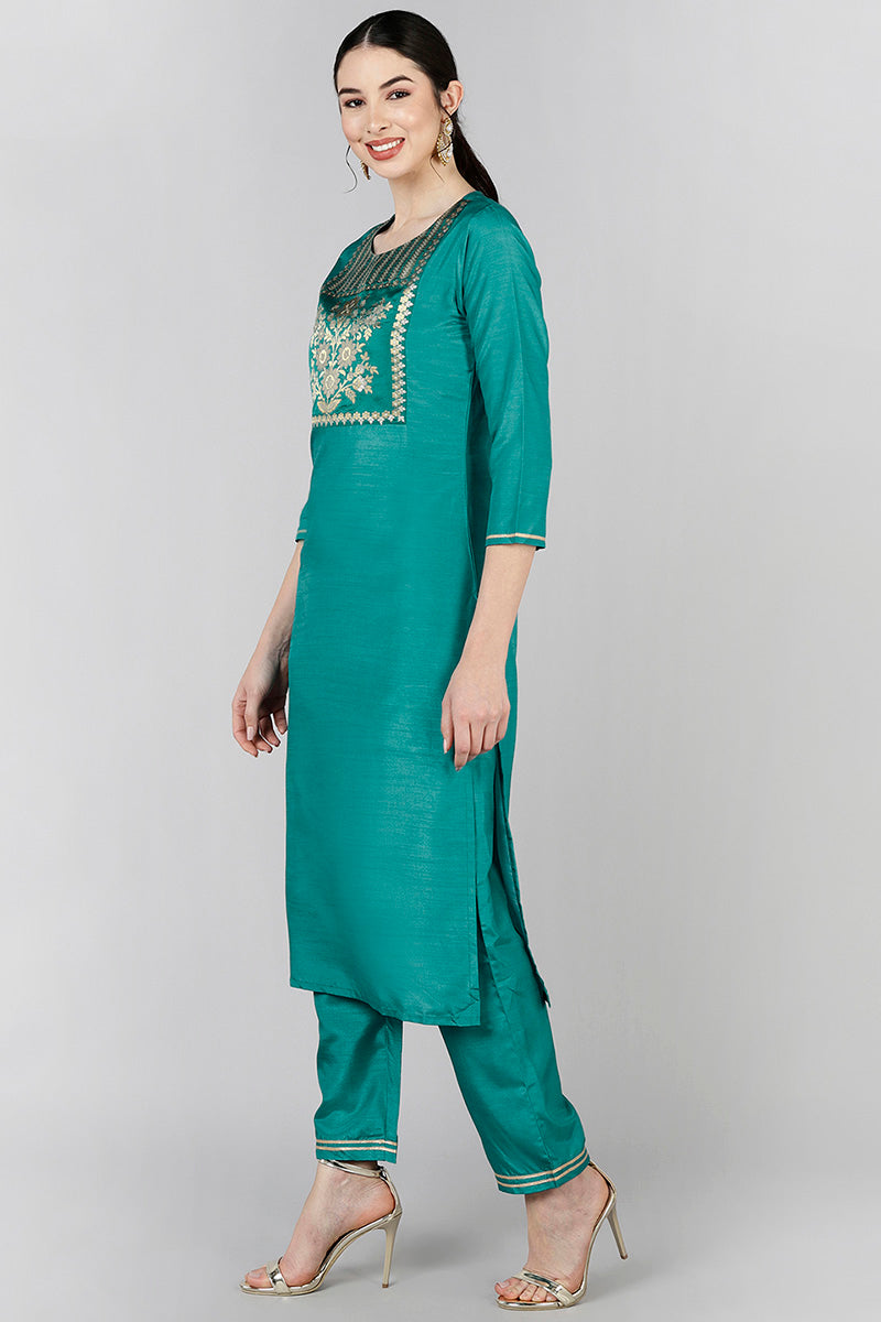 Teal Poly Silk Yoke Design Straight Suit Set | SHOBITAM