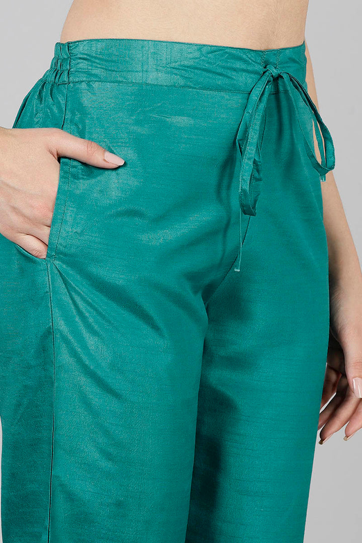 Teal Poly Silk Yoke Design Straight Suit Set | SHOBITAM