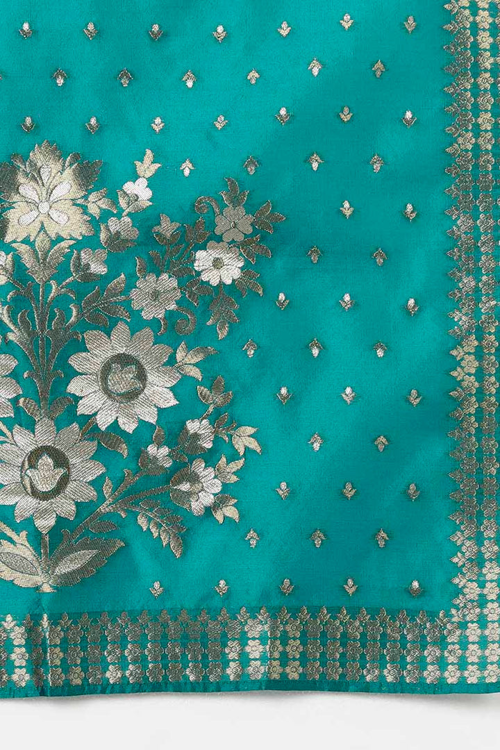 Teal Poly Silk Yoke Design Straight Suit Set | SHOBITAM