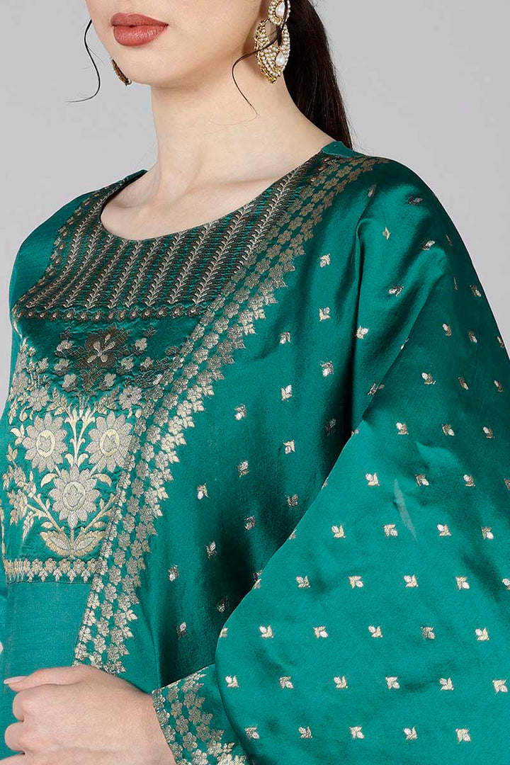 Teal Poly Silk Yoke Design Straight Suit Set | SHOBITAM