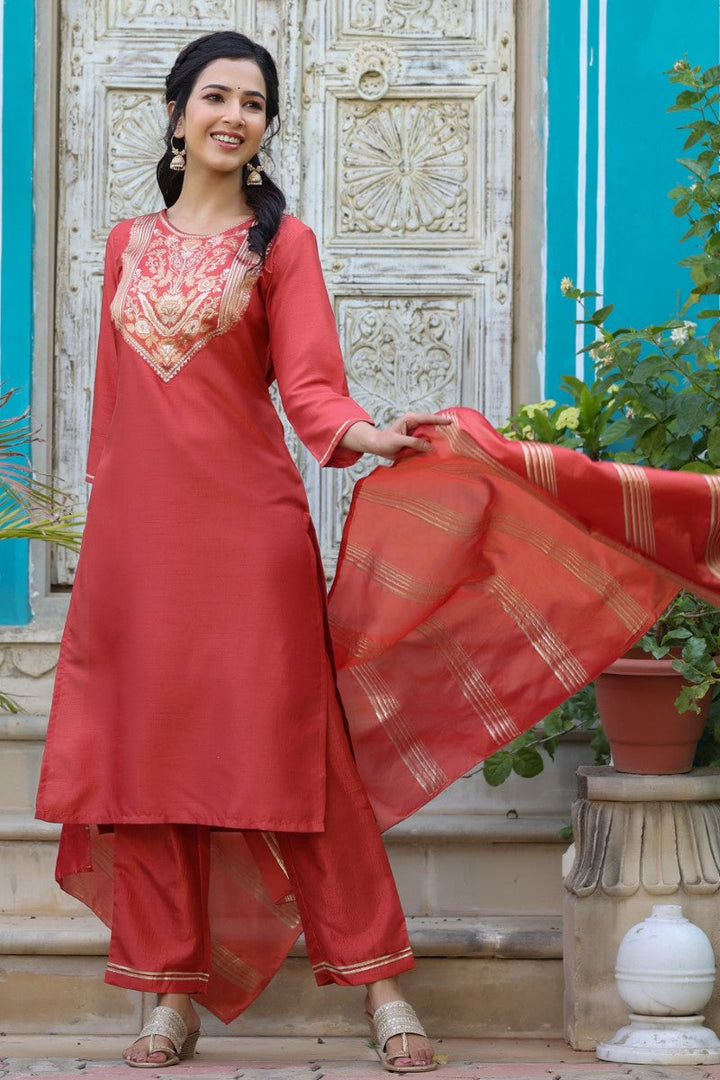 Rust Poly Silk Yoke Design Straight Suit Set | SHOBITAM