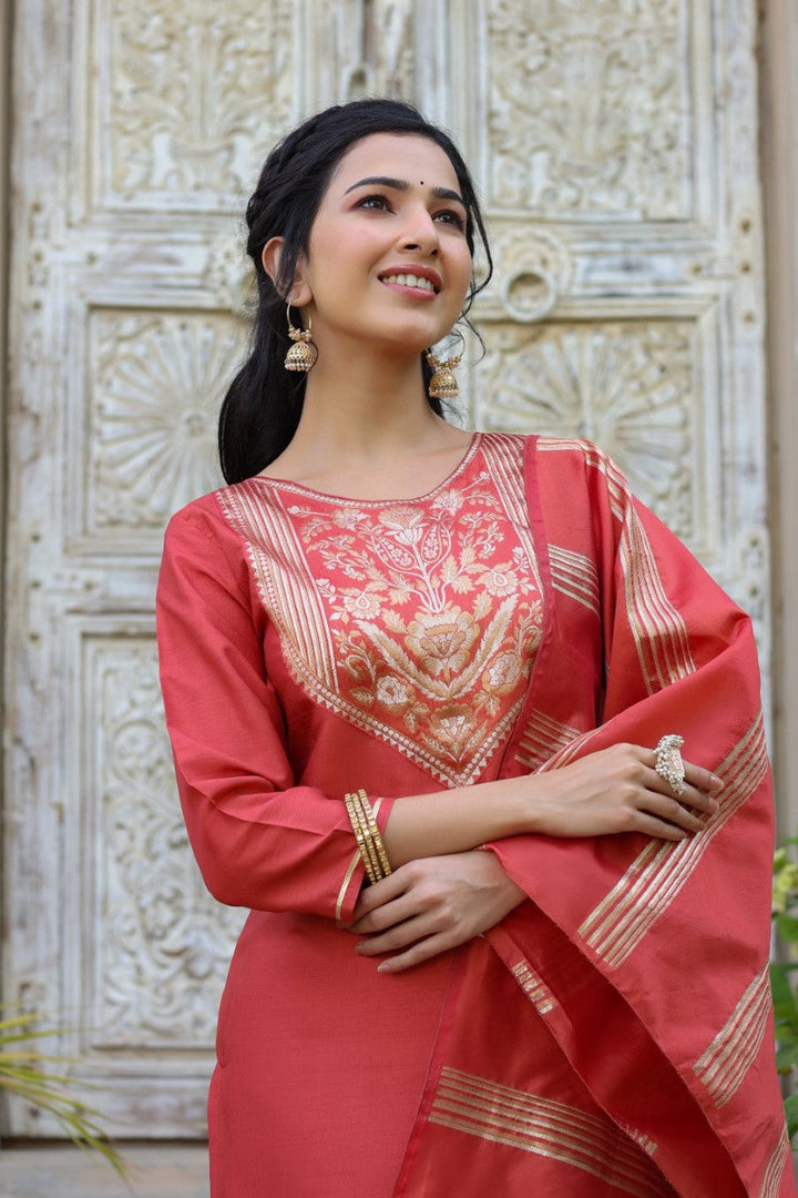 Rust Poly Silk Yoke Design Straight Suit Set | SHOBITAM