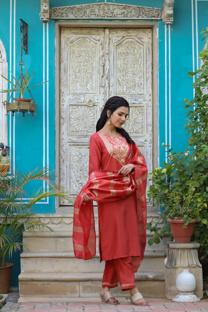 Rust Poly Silk Yoke Design Straight Suit Set | SHOBITAM
