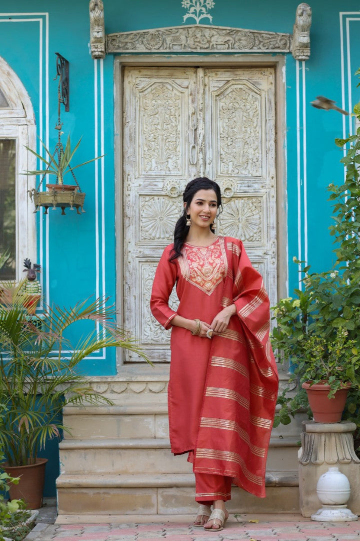 Rust Poly Silk Yoke Design Straight Suit Set | SHOBITAM