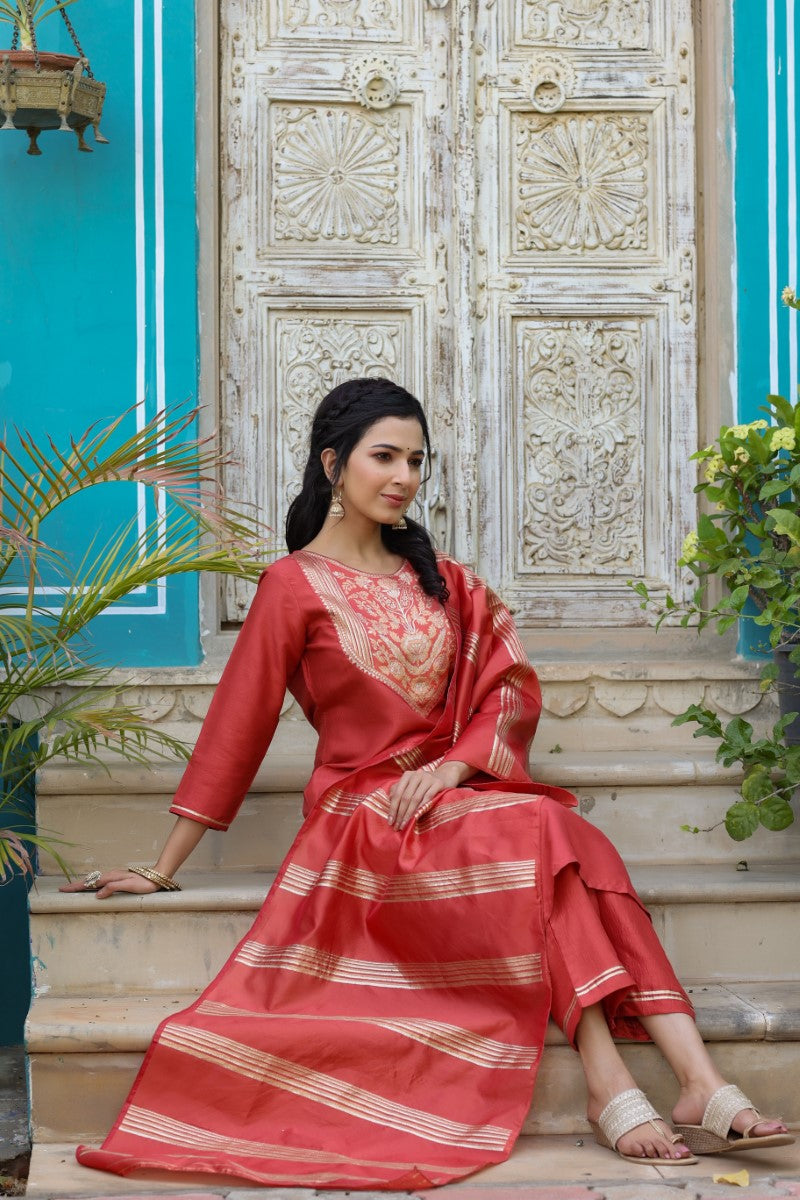 Rust Poly Silk Yoke Design Straight Suit Set | SHOBITAM