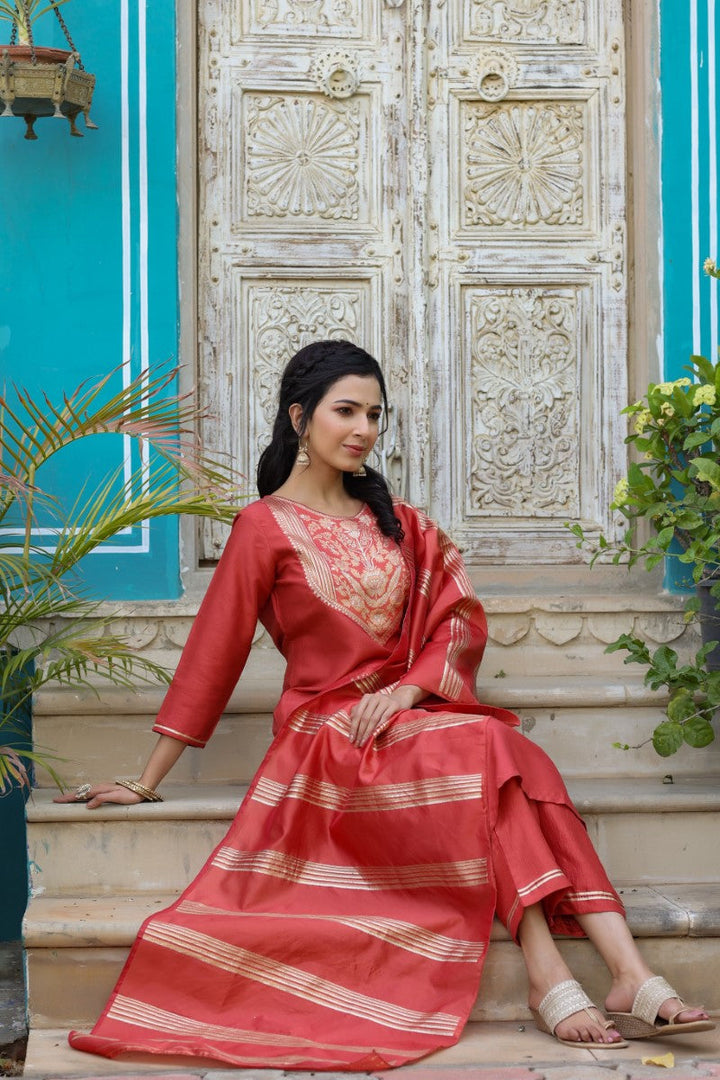 Rust Poly Silk Yoke Design Straight Suit Set | SHOBITAM