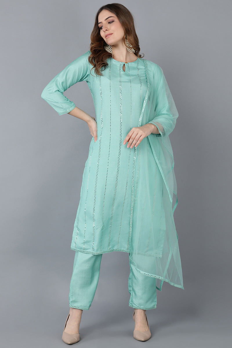 Sea Green Poly Silk Straight Suit Set | SHOBITAM
